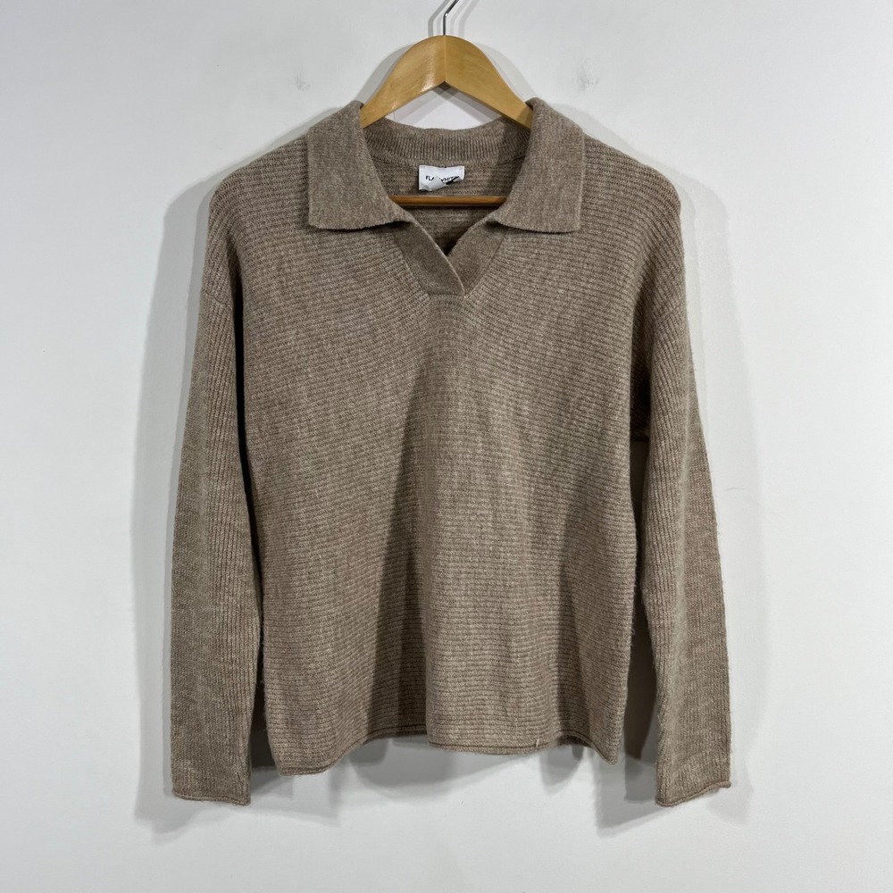 Flat White Old Money Minimalist Preppy Ribbed Knit Polo Collar Sweater Womens XS